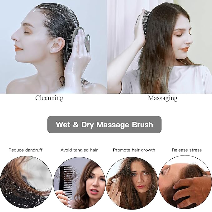 INNERNEED One-Piece Scalp Massager Shampoo Brush, Wet & Dry Scalp Care Head Scrubber Hair Washing, Soft Silicone Bristles, for Hair Growth, Dandruff Removal, Comfortable for All Hair Types (Gray)-FemmiqueWomen