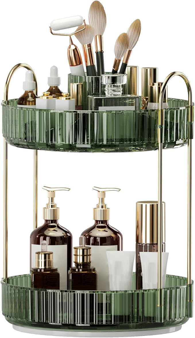 360° Rotating Makeup Organizer, Large-Capacity Skincare Make Up Storage 2 Tier Perfume Organizers Cosmetic Dresser Organizer with Makeup Brush Holder, Fits Bedroom, Bathroom, Vanity Shelf Countertop-FemmiqueWomen