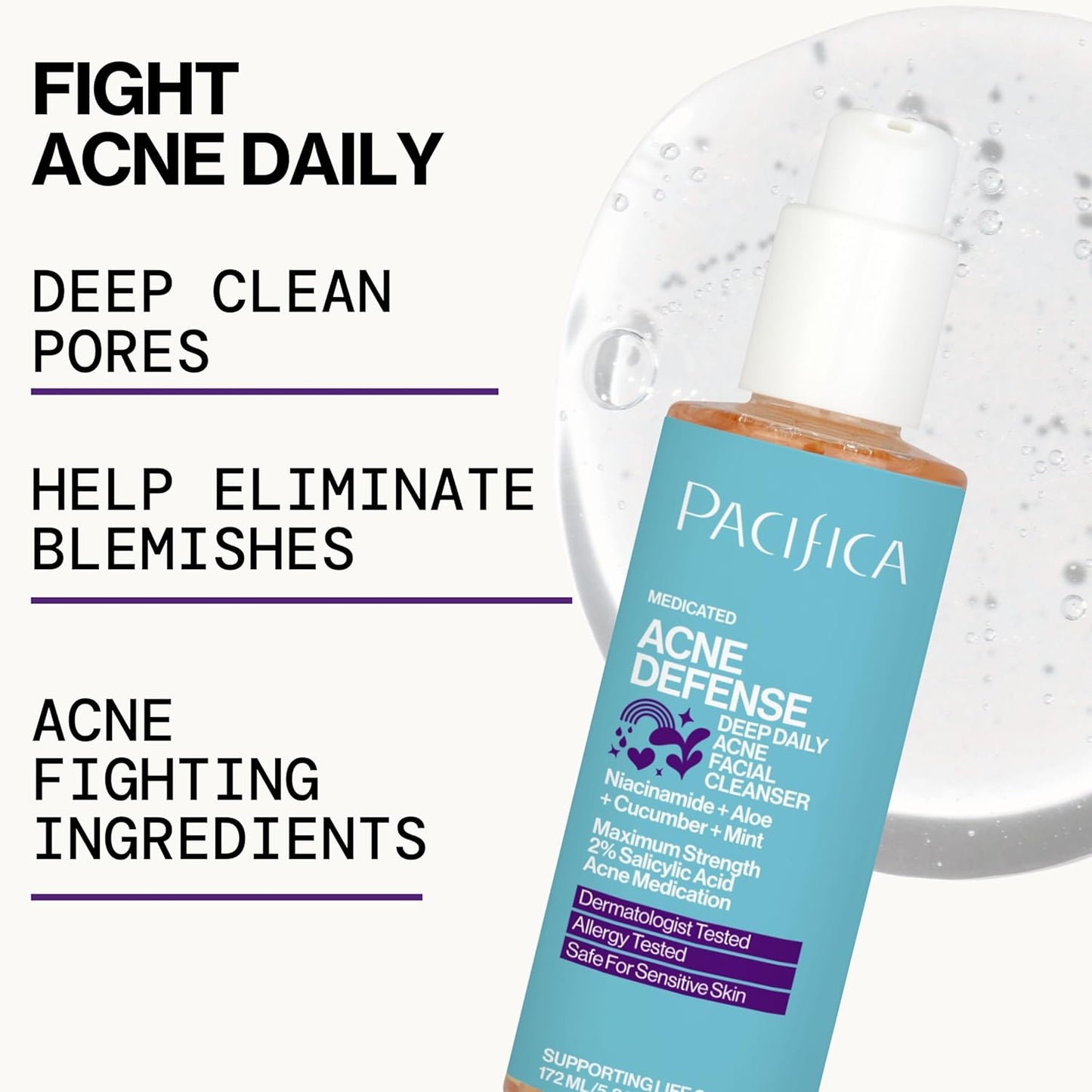 Pacifica Acne Defense Face Wash - Deep Pore Purifying Face Cleanser - w/ 2% Salicylic Acid, Pore Reducing Niacinamide & Inflammation Reducing Cucumber - for Sensitive Skin Vegan Dermatologist Tested-FemmiqueWomen