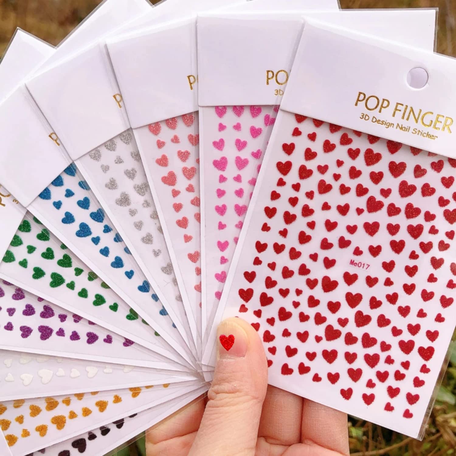 10 Sheets Heart Nail Stickers - 3D Self-Adhesive Valentine's Day Nail Art Stickers - Shiny Love Heart Nail Decals - Gold, Silver, Black-FemmiqueWomen
