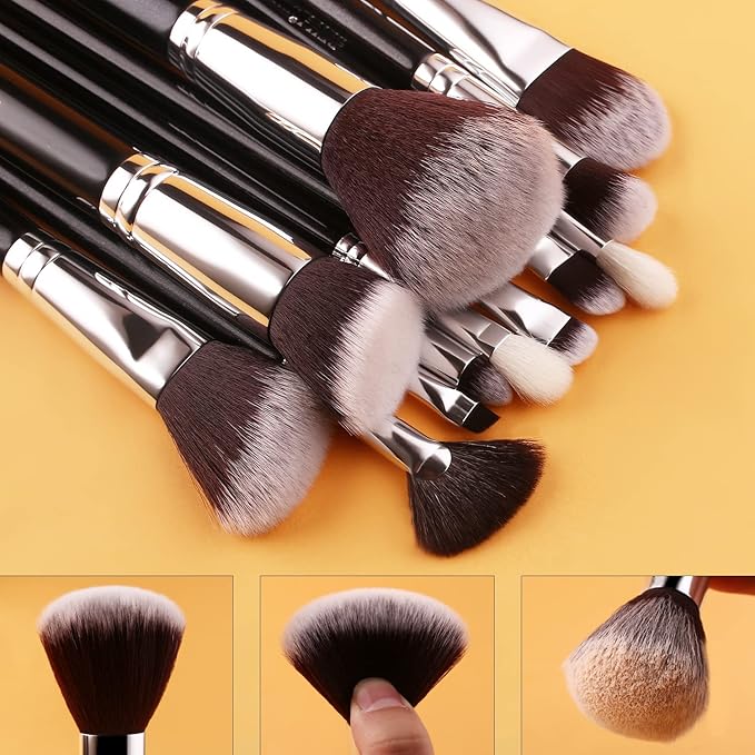 BEILI Makeup Brushes 12pcs Makeup Brushes Set with Holder Premium Synthetic Kabuki Foundation Brush Blending Blush Concealer Full Face Makeup Brushes Kit With Gift Box(Black)-FemmiqueWomen