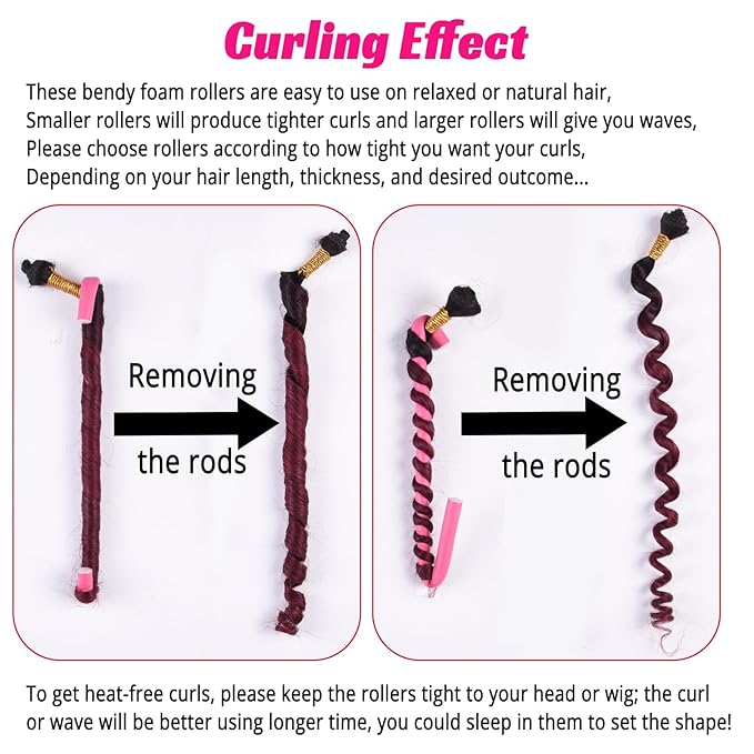 30PCS 9.45" Heatless Flexible Curling Rod, Skinny Small Flexi Rod Soft Twist Foam Hair Rollers for Tight Curl Women Girl Home Use Long and Short Hair (0.31 x 9.45 Inch, Pink#)-FemmiqueWomen