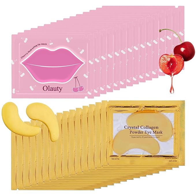 30 Pairs Cherry Lip Masks & 24K Gold Under Eye Patches, Gel Crystal Collagen Lip & Eye Patches for Puffy Eyes, Effectively Moisturizing Nourishes Lip & Eye Skin for Reducing Fine Lines & Dark Circle-FemmiqueWomen