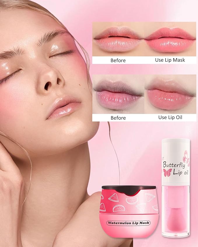 2Pcs Watermelon Lip Balm Honey Pot Lip Mask & Lip Glowy Oil Lip Care Set, Propolis Moisturizing & Nourish Hydrating Lip Gloss Repair, Reduce Lip Line & Plump Dry Cracked Lip Scrub Exfoliator -Set C-FemmiqueWomen