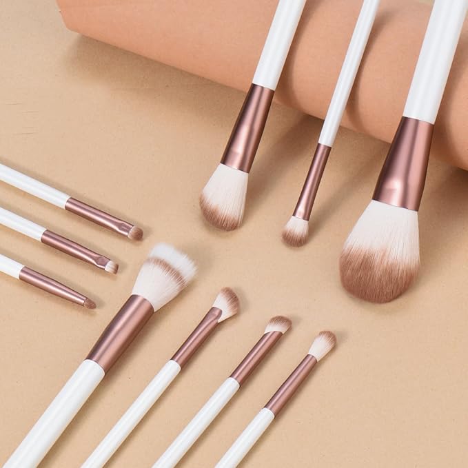 Makeup Brushes Set With Case 10Pcs White Makeup Brush Kit Foundation Eyeshadow Powder Blending Kabuki Eyebrow Eyelash Brushes Cosmetic Brush Travel Kit Gift (White+Brown)-FemmiqueWomen