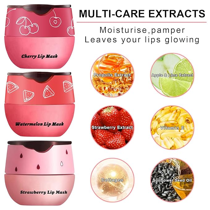 3Pcs Lip Balm Honey Pot with Stick, Honey Strawberry Apple Moisturizing and Hydrating Sleeping Lip Mask, Day and Night Repair and Care, Improve Lip Color, Reduce Lip Lines (SET C)-FemmiqueWomen