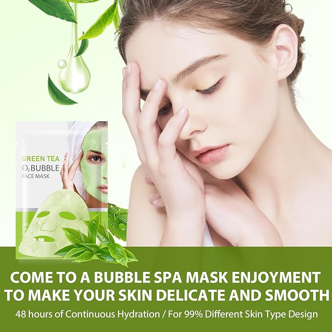 10 Sheets Face Masks Skincare O2 Bubble Green Tea Face Mask, Cleaner Bubble Sheet Masks Foaming Purifying Facial Mask for Pores, Moisturizing Spa Face Masks Skin Care For All Skin Type-FemmiqueWomen