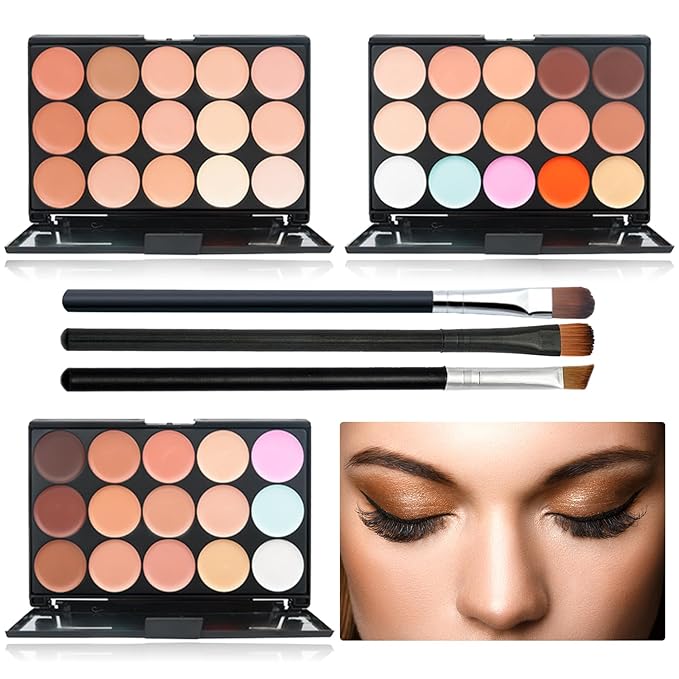 15 Color Contour Palette,Waterproof Long Lasting Facial Correcting Concealer Palettes,Cream Foundation Makeup Palettes with Brushes,Color Correcting Palettes for Women (3 Pack)-FemmiqueWomen