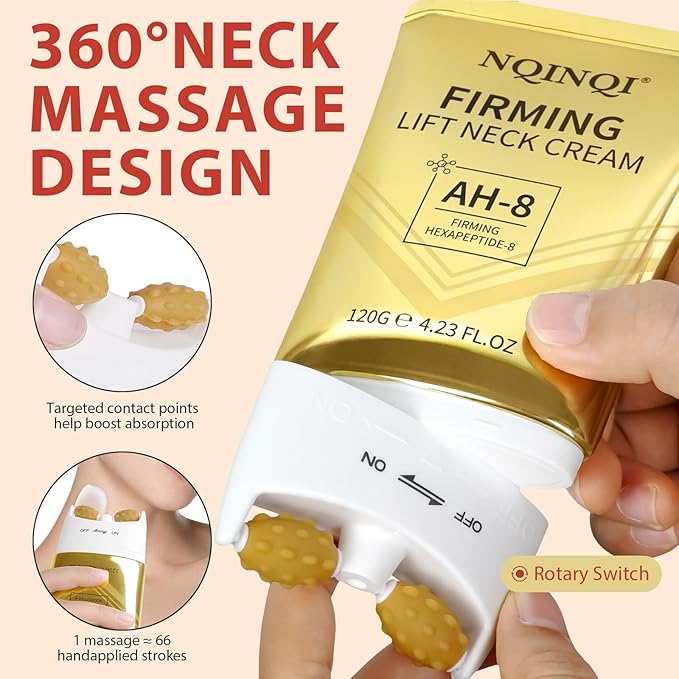 AH-8 Firming Neck Cream with Roller - Neck and Chest Firming Cream to Lift, Tighten & Smooth Sagging Skin, Reduce Wrinkles & Hydrate for Youthful Neck, 4.23 Fl Oz-FemmiqueWomen