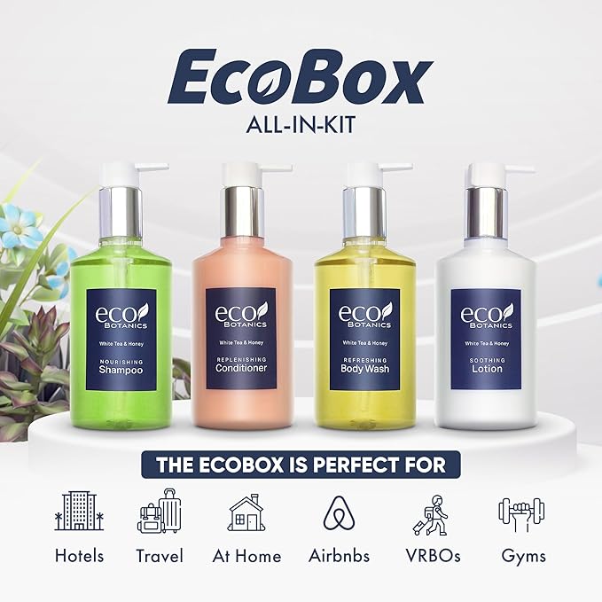 1-Shoppe Eco Botanics 10 Piece Ecobox All-In-Kit | White Tea and Honey Soap | 3 Shampoo, 2 Conditioner, 3 Body Wash & 2 Lotion | 10.14oz Hotel Soaps and Toiletries Bulk | Personal Care Products-FemmiqueWomen