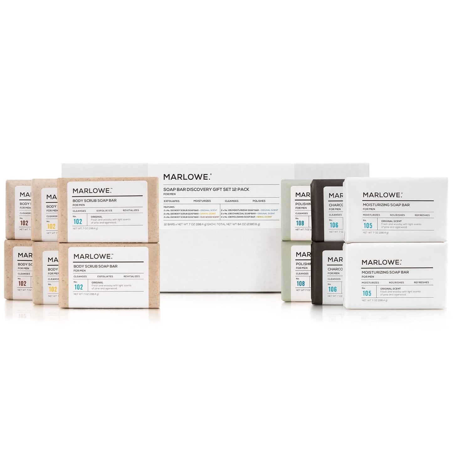 MARLOWE. Soap Bar Discovery Gift Set, Mens Skin Care Variety Selection of Exfoliating Body Scrub, Charcoal, Moisturizing & Polishing Body Bar Soaps for Men, 12 Pack-FemmiqueWomen