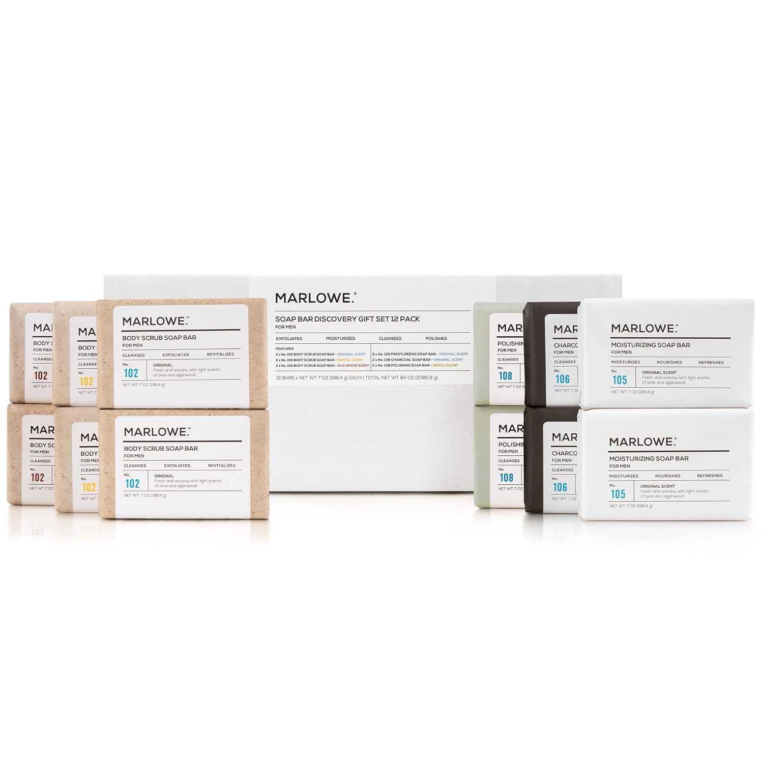 MARLOWE. Soap Bar Discovery Gift Set, Mens Skin Care Variety Selection of Exfoliating Body Scrub, Charcoal, Moisturizing & Polishing Body Bar Soaps for Men, 12 Pack-FemmiqueWomen