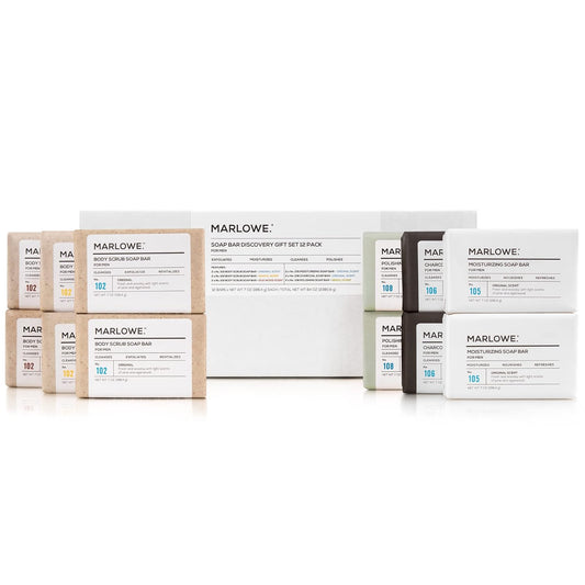 MARLOWE. Soap Bar Discovery Gift Set, Mens Skin Care Variety Selection of Exfoliating Body Scrub, Charcoal, Moisturizing & Polishing Body Bar Soaps for Men, 12 Pack-FemmiqueWomen