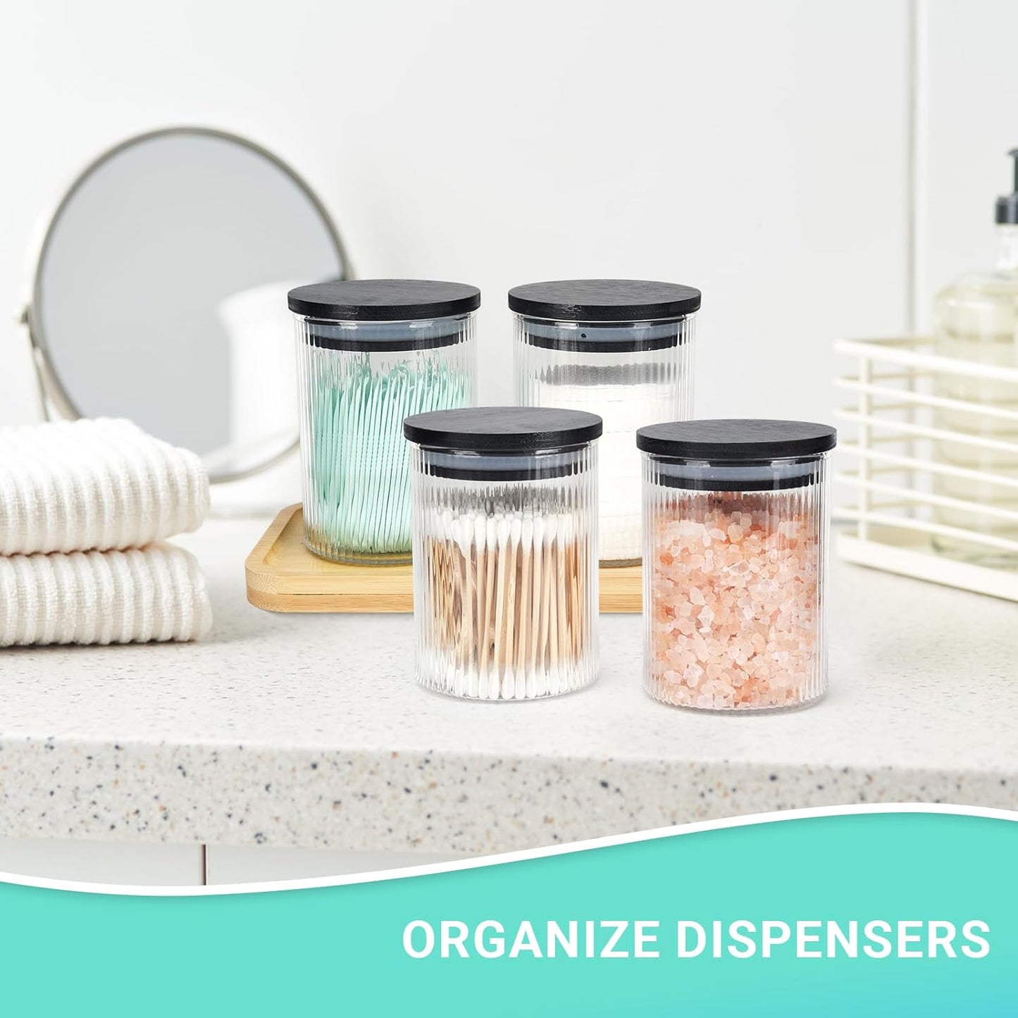 2 Pack Ribbed Glass Qtip Holder Dispenser Set - Apothecary Jars with Lids - Bathroom Canister Storage Organizer and Vanity Makeup Organizer for Cotton Ball, Cotton Swab, Cotton Round Pads,Floss-FemmiqueWomen
