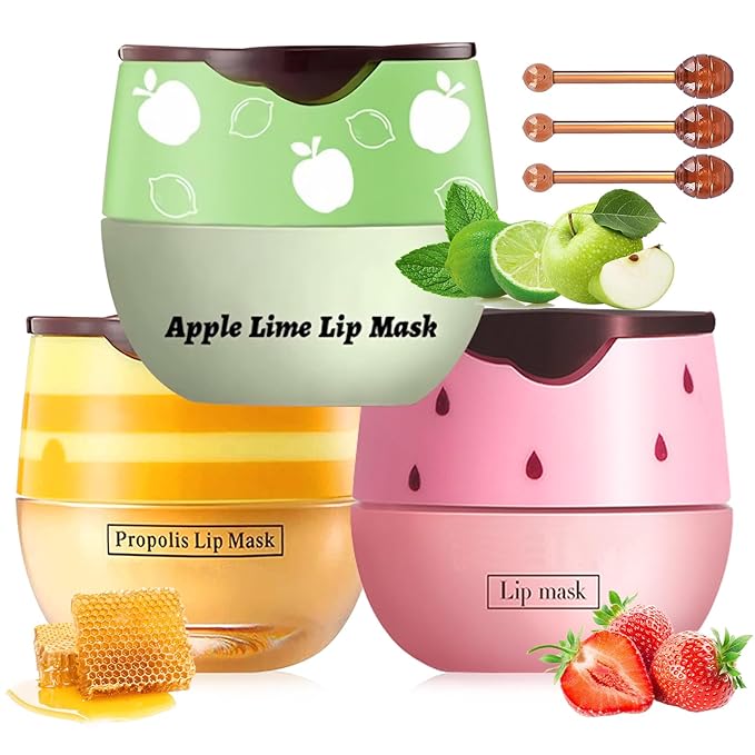 3 PCS Bee Lip Balm Lip Mask Honey Pot, Honey & Strawberry & Apple Lime Lip Mask Overnight Propolis Moisturizing Lip Balm with Stick,Hydrating Repair Lip Sleeping Mask,Prevention Dry and Cracked-FemmiqueWomen