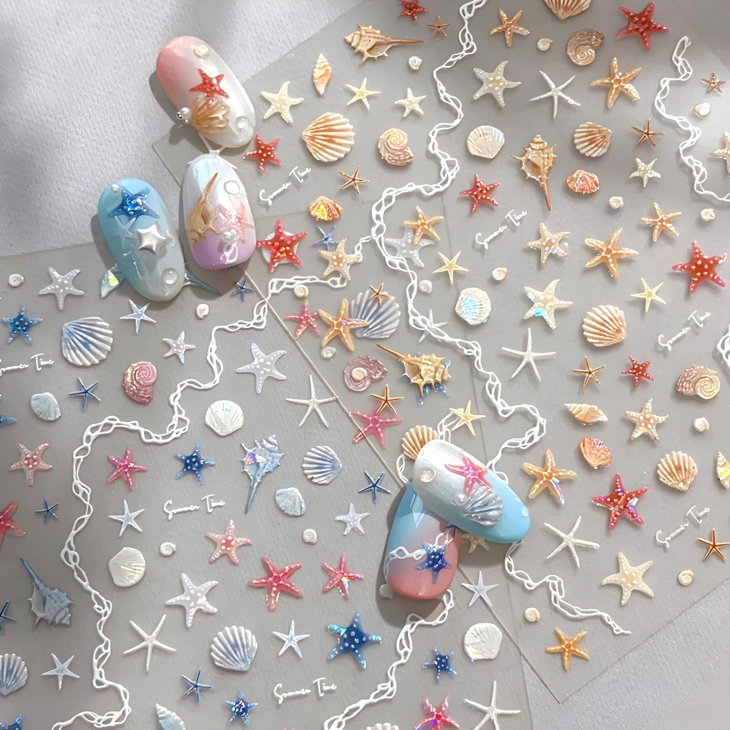 2 Sheets Starfish Nail Stickers for Nail Art 5D Embossed Ocean Nail Decals Summer Nail Stickers Colorful Nail Art Supplies Design Accessories for Women Acrylic Manicure DIY Decoration-FemmiqueWomen