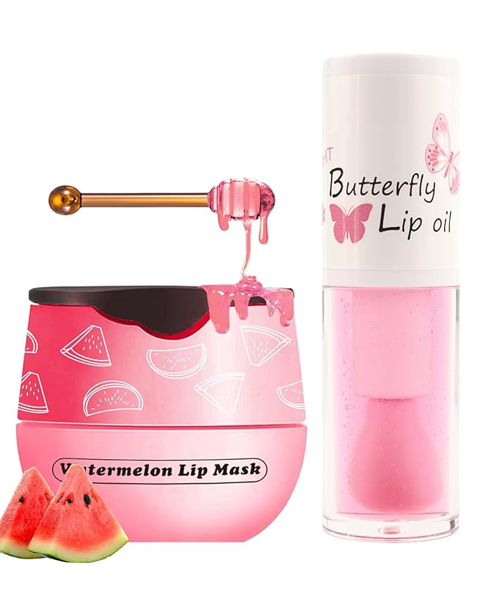 2Pcs Watermelon Lip Balm Honey Pot Lip Mask & Lip Glowy Oil Lip Care Set, Propolis Moisturizing & Nourish Hydrating Lip Gloss Repair, Reduce Lip Line & Plump Dry Cracked Lip Scrub Exfoliator -Set C-FemmiqueWomen
