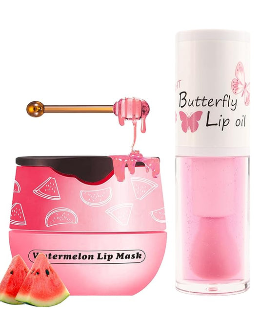 2Pcs Watermelon Lip Balm Honey Pot Lip Mask & Lip Glowy Oil Lip Care Set, Propolis Moisturizing & Nourish Hydrating Lip Gloss Repair, Reduce Lip Line & Plump Dry Cracked Lip Scrub Exfoliator -Set C-FemmiqueWomen