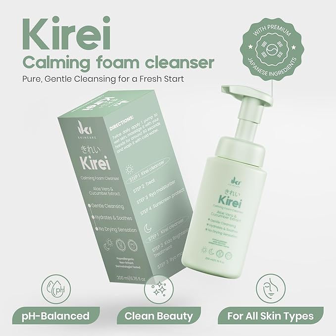 KIREI Foam Cleanser - Gentle Face Wash for Women with Aloe Vera & Cucumber Extract, Hydrating & Soothing, Dermatologically Tested, Suitable for Sensitive Skin, Paraben-Free-FemmiqueWomen