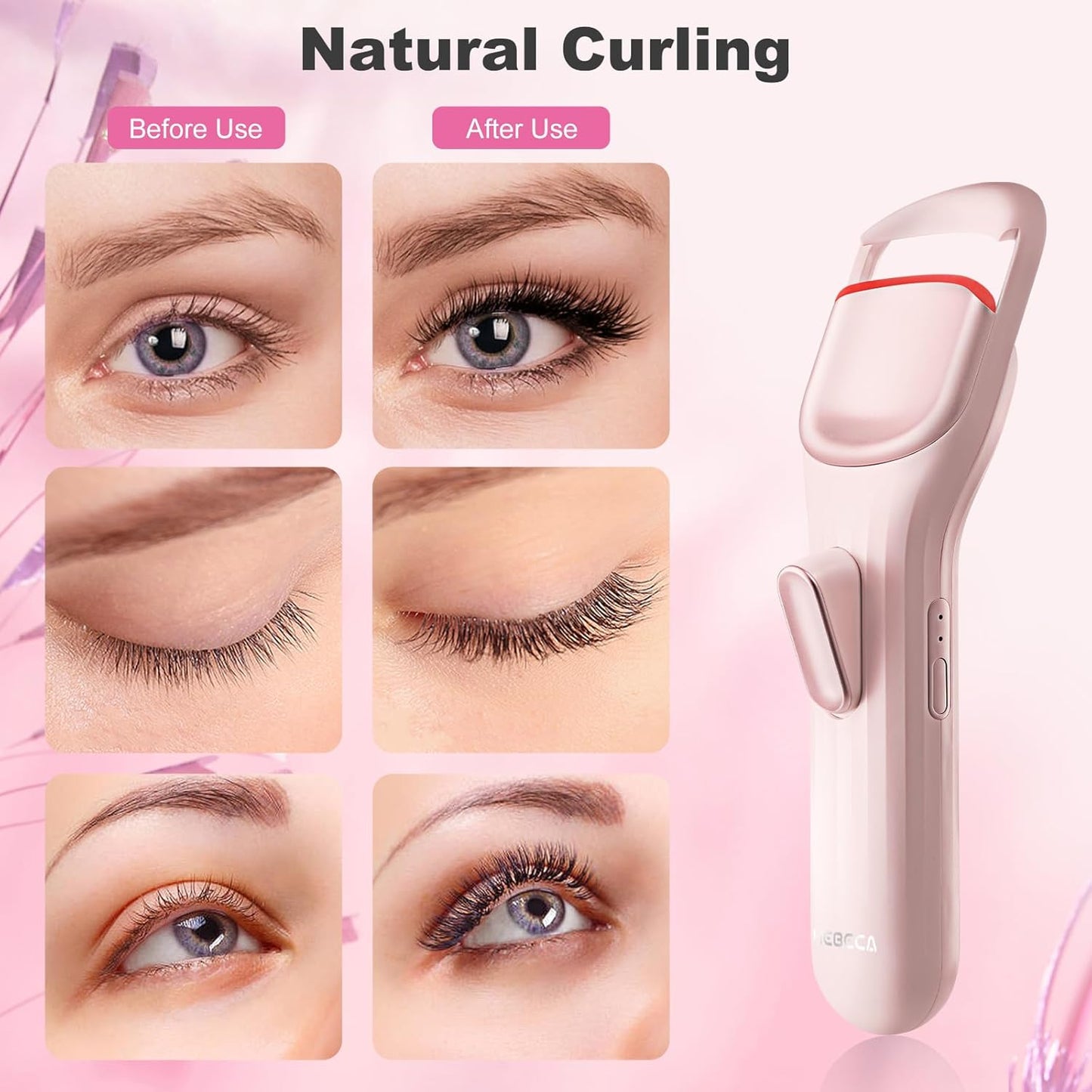Heated Eyelash Curler Professional - Eye Lashes Curler with Innovative Heating Silicone, Electric Eyelashes Curler with 600mAh Rechargeable Battery EC4001 (Pink)-FemmiqueWomen