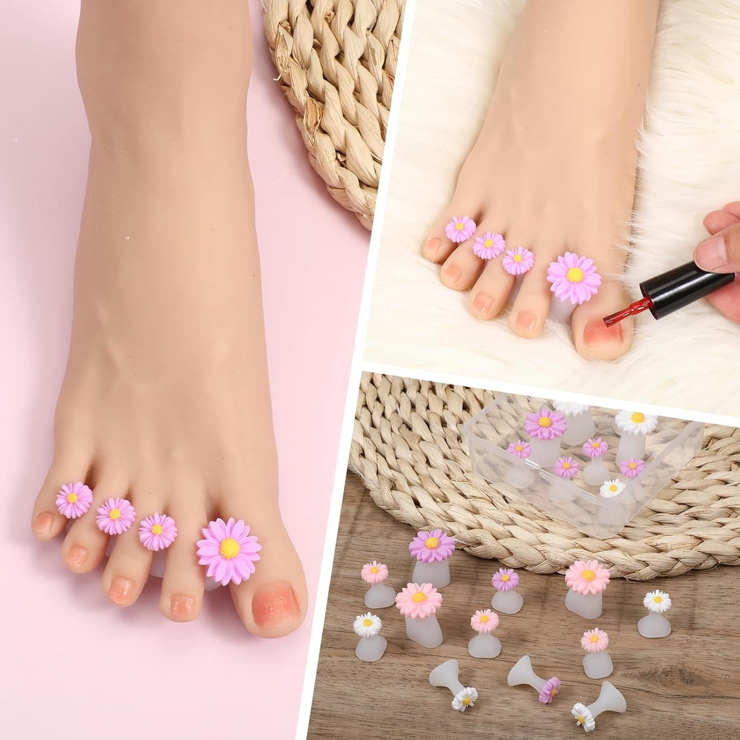 24 PCS Daisy Silicone Toe Separators Flower Toes Spacers Pedicures Silicone Toe Nail Separator Pedicure Toes Dividers for Women Pedicure Nails Salon Foot Spacers Nail Art Tools (Pink, Purple, White)-FemmiqueWomen