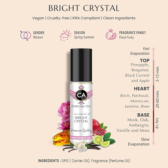 CA Perfume Impression of Bright Crystal For Women Replica Fragrance Body Oil Dupes Alcohol-Free Essential Aromatherapy Sample Travel Size Concentrated Long Lasting Attar Roll-On 0.3 Fl Oz/10ml-FemmiqueWomen