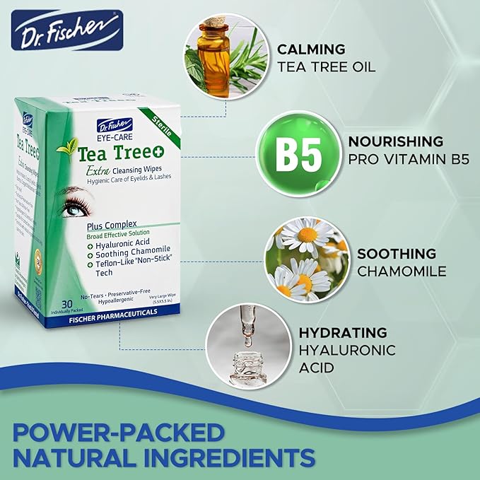 Dr. Fischer Tea Tree Oil Eye Wipes - Eyelid Wipes for Sensitive Eyes with Hyaluronic Acid and Chamomile, Makeup Remover, Daily Cleanser (60 wipes)-FemmiqueWomen