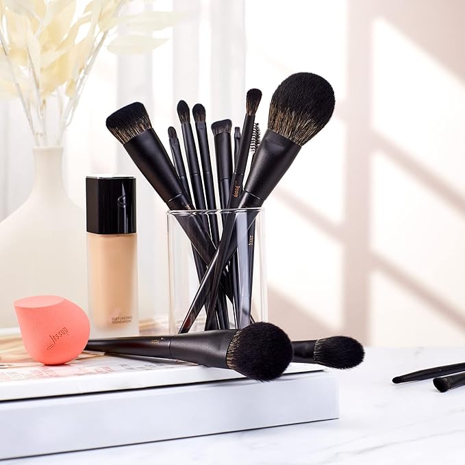 Makeup Brushes Set Jessup Make up Brushes 14Pcs Black Kabuki Foundation Eyeshadow Contour Concealer Powder Eyeliner Crease Eyebrow Blending Brush, T336-FemmiqueWomen