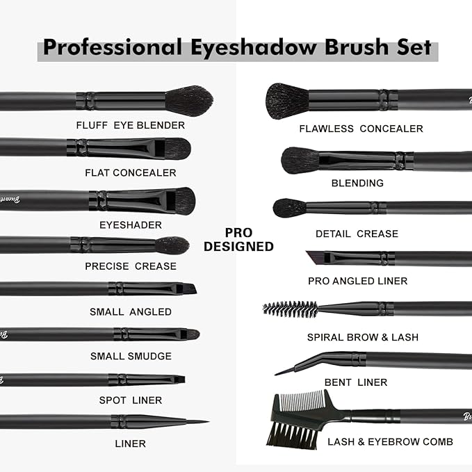 Bueart Design 15Pcs Professional Eyeshadow Brush Set For Eye makeup Blending,Brow grooming,Concealing,eyeshader, With premium ultra soft synthetic vegan Hair-FemmiqueWomen