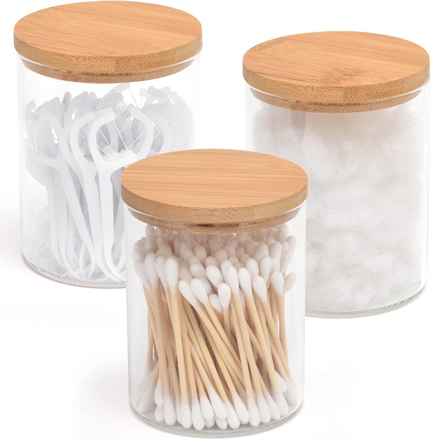3 Pack Glass Qtip Holder Dispenser Set - Apothecary Jars with Lids for Vanity Makeup Organizer - Bathroom Canister Storage Organizer for Cotton Ball,Swab,Round Pads,Floss-FemmiqueWomen