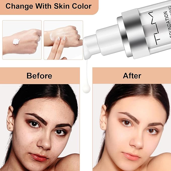2 PACK TLM Color Changing Foundation Liquid Base,TLM Concealer Cover Cream,All Day Flawless Warm Skin Tone BB Cream Makeup Base Concealer for All Skin SPF15-FemmiqueWomen