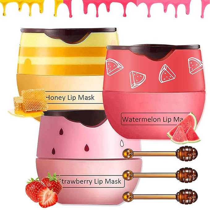 3 PCS Bee Lip Balm Lip Mask Honey Pot,Honey & Strawberry & Watermelon Lip Sleeping Mask,Moisturizing Lip Mask Overnight Prevention Dry and Cracked Lip Scrubs Exfoliator Lip Care-FemmiqueWomen