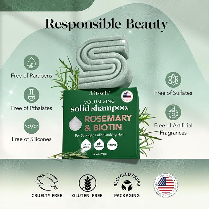Kitsch Rosemary & Biotin Shampoo Bar - For Hair Growth, Strengthening, Thickening & Volumizing Shampoo for Women and Men - Free of Parabens, Sulfates & Silicones - Made in USA - 3.2 oz-FemmiqueWomen