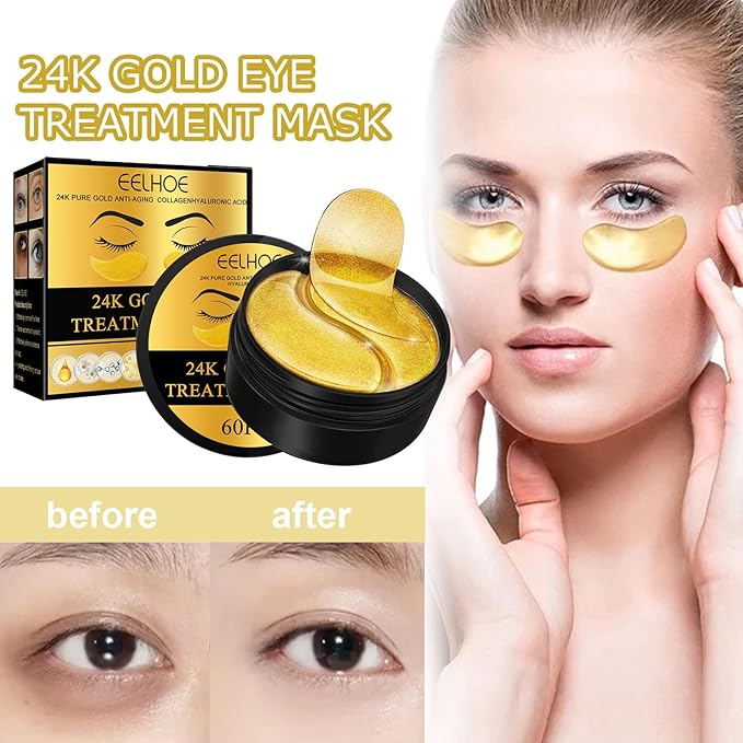 24k Gold Under Eye Patches, 60 Pcs Eye Gels, Anti-Aging Collagen Hyaluronic Acid Under Eye Mask, Under Eye Mask for Dark Circles and Puffiness, Eye Bags, Wrinkles-FemmiqueWomen