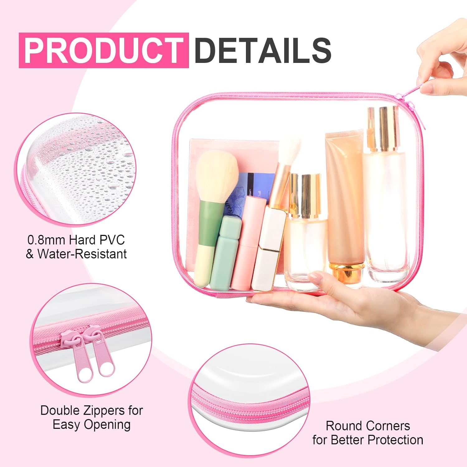 Hoolerry 4 Pcs Hard Clear Zipper Case Makeup Bags Plastic Pencil Pouch Transparent Storage Box Containers for Cosmetics, Snacks, Building Blocks, Puzzles(Pink,9.8 x 7.9 x 2 in)-FemmiqueWomen
