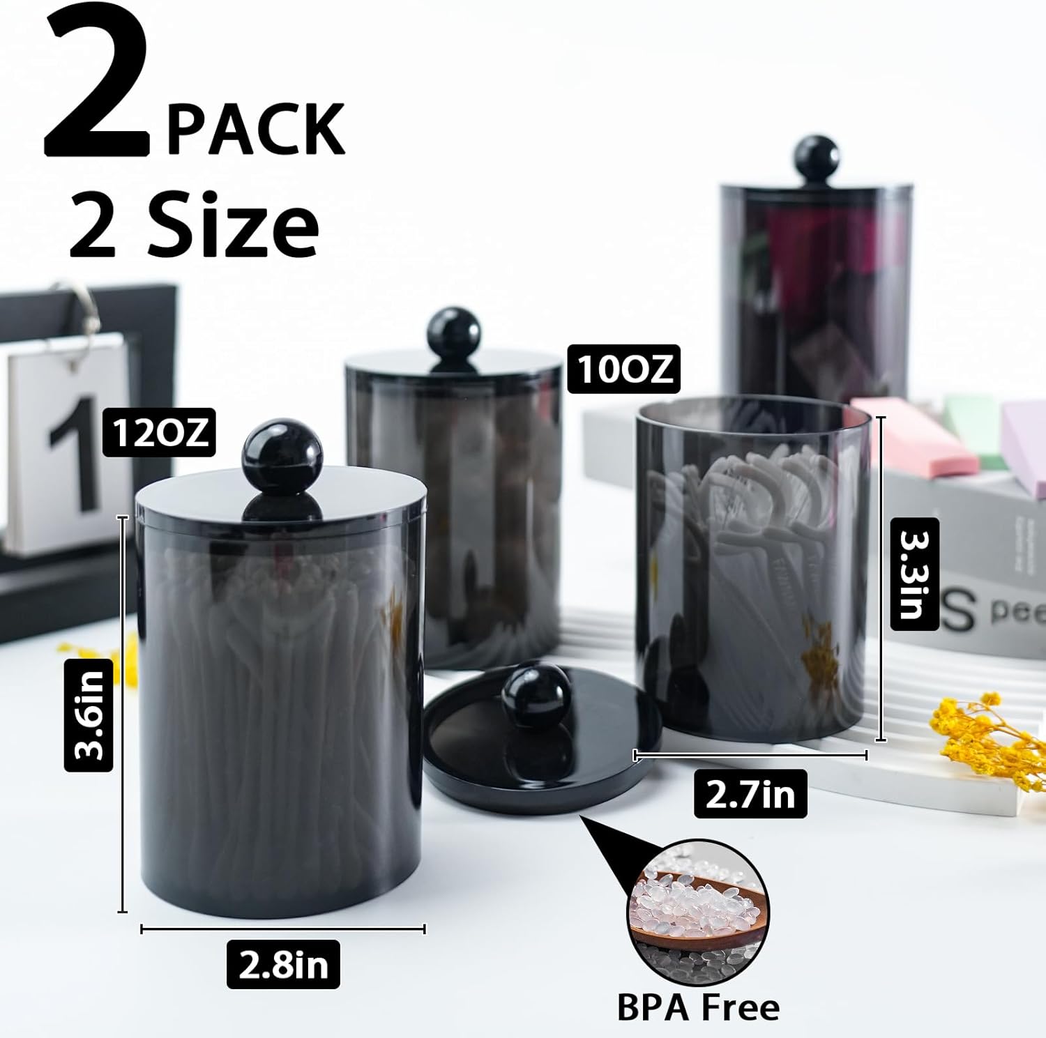 2 Pack Qtip Holder,Canister Apothecary Jar Set, Bathroom Jars with Lids Set for Cotton Swabs, Balls, Pads, Floss Picks,10oz-12oz Plastic Canisters Restroom Bedroom Vanity Organizer(Black)-FemmiqueWomen
