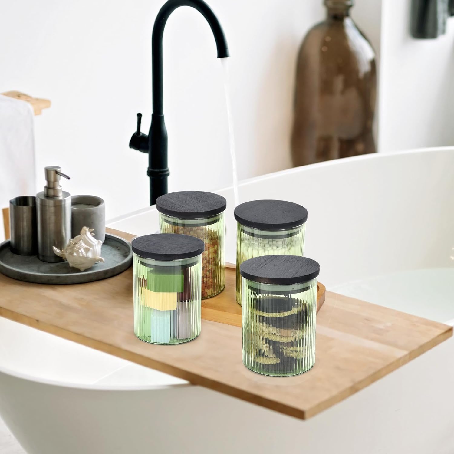 2 Pack Ribbed Glass Qtip Holder Dispenser Set - Apothecary Jars with Lids - Bathroom Canister Storage Organizer and Vanity Makeup Organizer for Cotton Ball,Swab,Round Pads,Floss-FemmiqueWomen