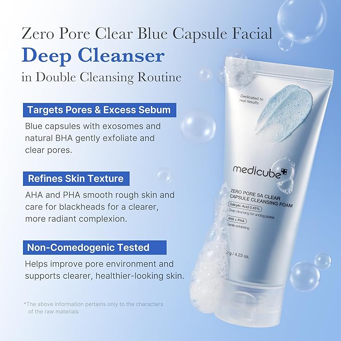 medicube Zero Pore Clear Blue Capsule Facial Deep Cleanser for Skin Texture, Blackhead & Pore Care | AHA, BHA & PHA for Double Cleansing, Daily Gentle Face Wash, Korean Skincare | 120g / 4.23 oz-FemmiqueWomen