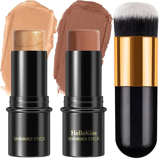 2Pcs Cream Contour Stick Makeup Kit, Cream Highlighter Stick and Bronzer Contour Stick with Longwear Waterproof Formula for Brightening and Trimming the Cheeks, Makeup Brush Include (#05, 06)-FemmiqueWomen