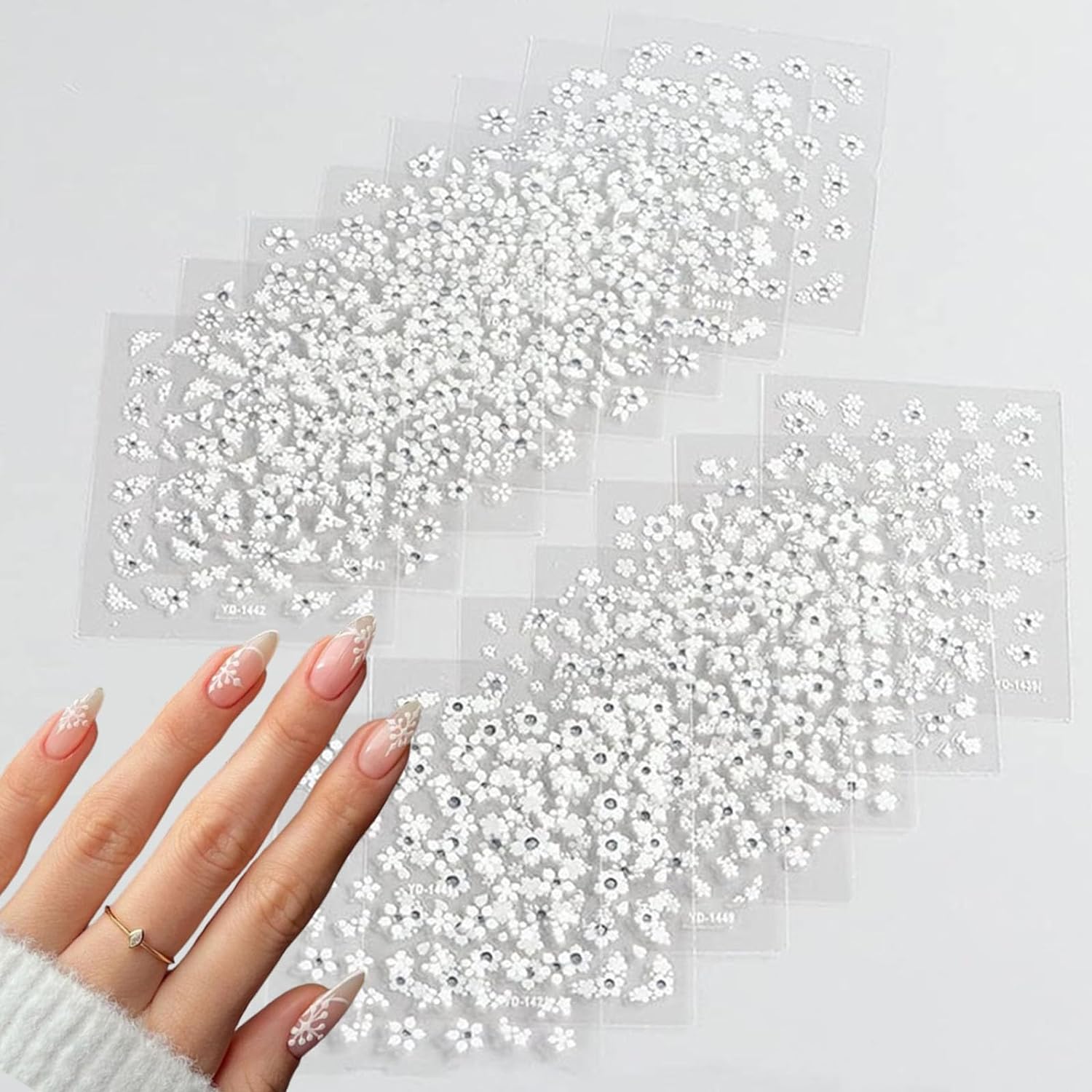 30 Sheets White Flower Nail Art Stickers, 3D Self Adhesive White Flower Nail Sticker Design Holographic Small Floral with Rhinestones Nail Art Decals Nail Supplies for Women Girls Manicure Decoration-FemmiqueWomen