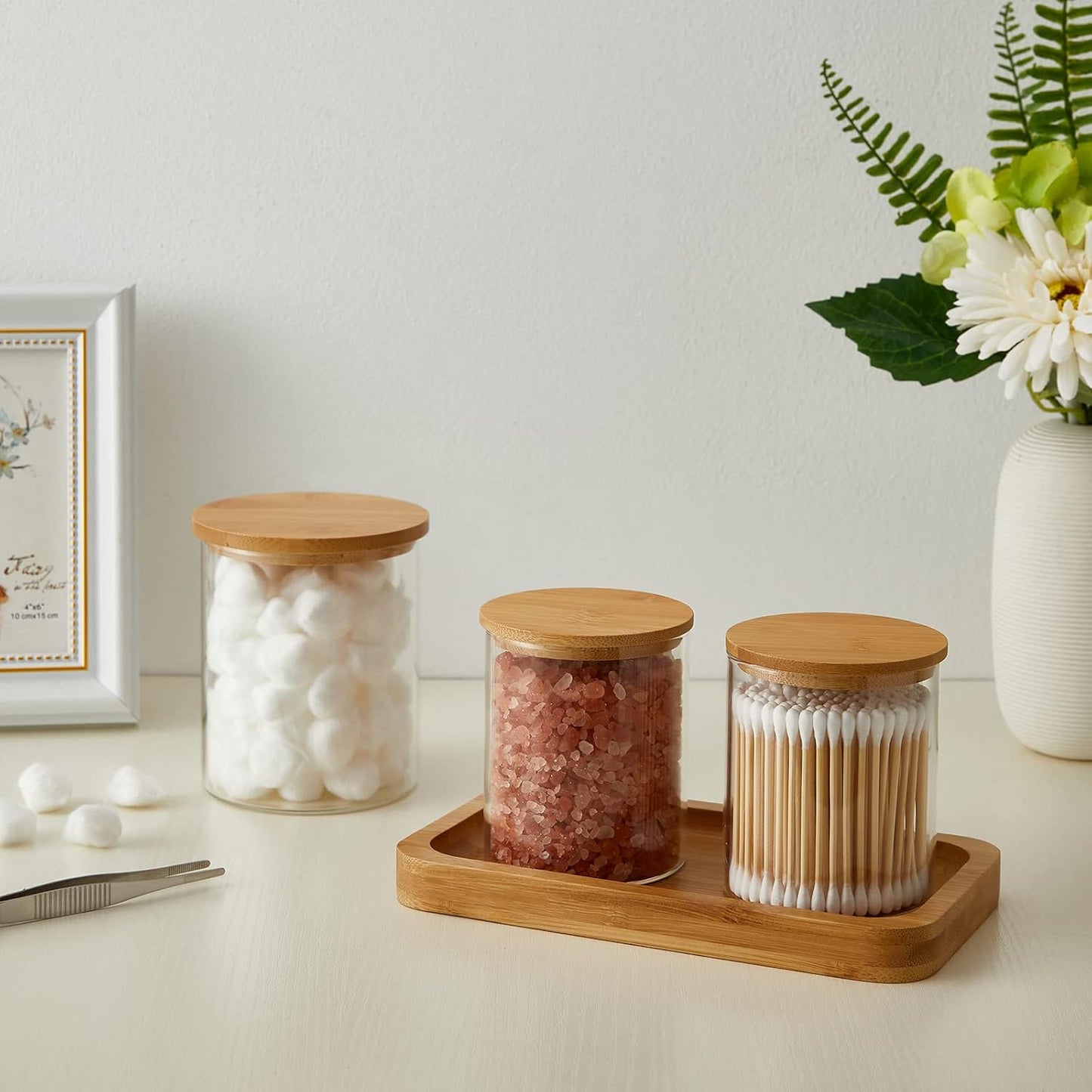 3 Pack Glass Qtip Holder Dispenser, 20 oz and 11 oz Clear Glass Apothecary Jars, Bathroom Vanity Canisters Organizer Jars for Cotton Swabs, Balls, Rounds, Pads, Floss, Bath Salts-FemmiqueWomen