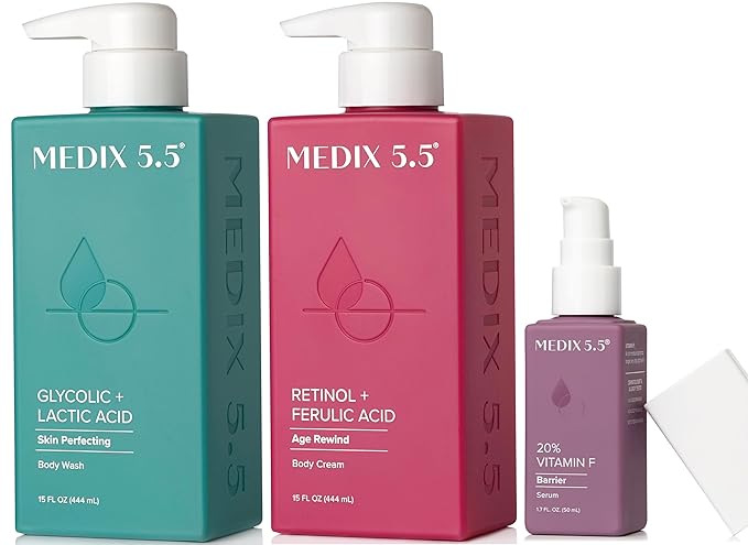 MEDIX Anti Aging Skin Care 3PC Set | Retinol Body Cream + Exfoliating AHA Glycolic Acid Foaming Face & Body Wash + Vitamin F Booster Serum, Wash + Treat + Hydrate Skincare Set-FemmiqueWomen