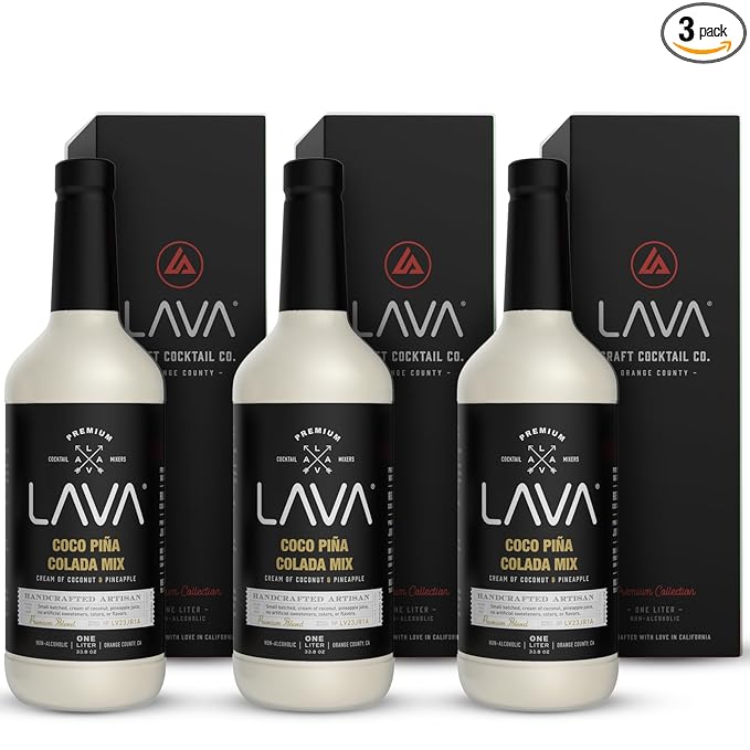 (3 Pack) LAVA Premium Coco Pina Colada Made with Cream of Coconut and Real Pineapple, No Artificial Sweeteners or Flavors, 1-Liter (33.8oz) Glass Bottle.-FemmiqueWomen