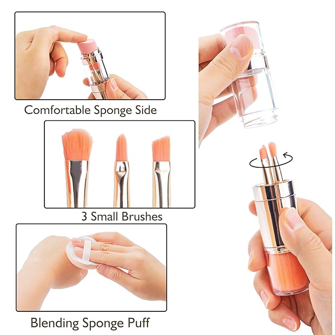 kullder 5-in-1 Makeup Brush Travel Makeup Brush set Dual Ended Mini Makeup Brush Pen Foundation Powder Concealer Shadow Blush Makeup Brushes with 2 Sponge Puff Womens Gift Idea for Beauty Lover-FemmiqueWomen