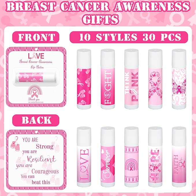 30 Pack Breast Cancer Awareness Favors Bulk Lip Balms Gifts Pink Ribbon Lip Balms Favors Breast Cancer Awareness Month Accessories Support Party Items Decorations for Women Men Survivors-FemmiqueWomen