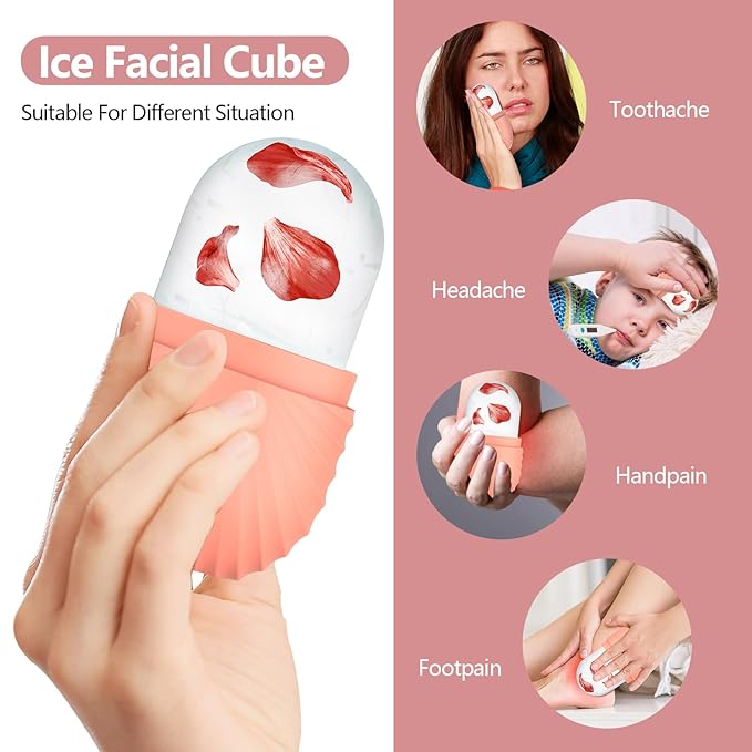 2pcs Ice Roller for Face and Eye, Silicone Ice Facial Roller Ice Holder, Face Ice Mold Skin Care, Face Icers Reusable Ice Cube Roller for Shrink Pores Anti Wrinkle Reduce Puffiness, Pink Green-FemmiqueWomen