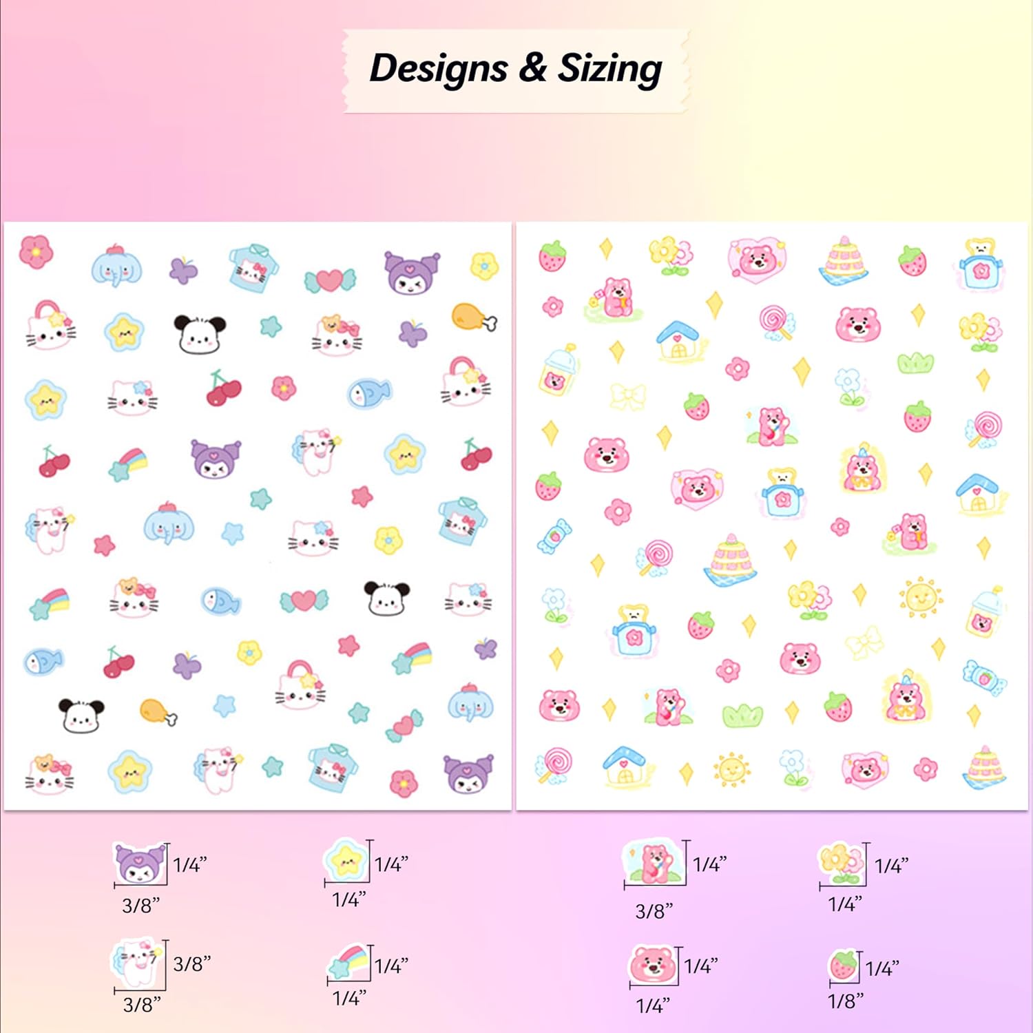 10 Sheets of 3D Nail Stickers - 719 Cute Nail Decals - Embossed Nail Stickers for Kids | Kawaii Theme - Butterfly, Flowers, Cats, Bunny, Stars, Fruits | Glow in The Dark-FemmiqueWomen