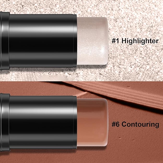 2Pcs Cream Contour Stick Makeup Kit, Cream Highlighter Stick and Bronzer Contour Stick with Longwear Waterproof Formula for Brightening and Trimming the Cheeks, Makeup Brush Include (#01, 06)-FemmiqueWomen