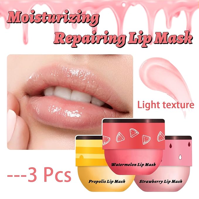 3 PCS Bee Lip Balm Honey Pot, Honey & Strawberry & Watermelon Lip Mask Overnight Propolis Moisturizing Lip Balm Hydrating Prevention Dry and Crack Lip Scrubs Exfoliator Lip Wrinkle Care (Set B)-FemmiqueWomen