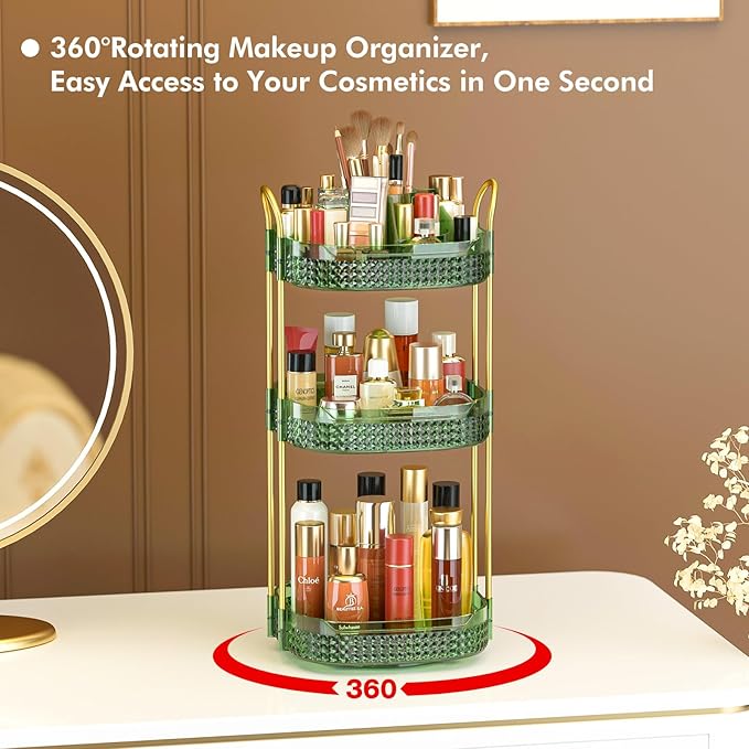Awenia Rotating Makeup Organizer 360, Stackable Adjustable Large Capacity Cosmetic Storage Unit,Dresser Bathroom Kitchen Countertop Organizer with Metal Handle, Plus Size (Gem Green, 3 Tier)-FemmiqueWomen
